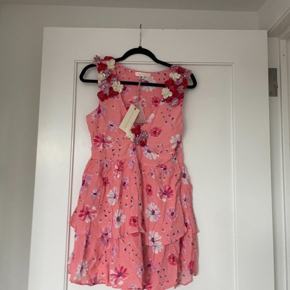 LoveShackFancy Shayna Mini Dress Daisy Print Flower Applique Tiered Skirt V-neck - Picture 8 of 13